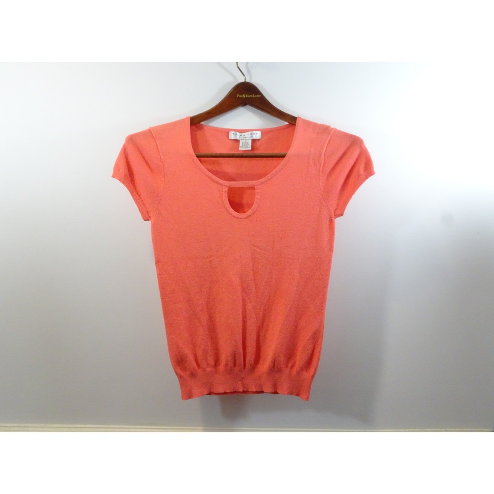 Trina Turk Womens Coral Pink Short Sleeve Keyhole Knit Sweater Top Size Medium